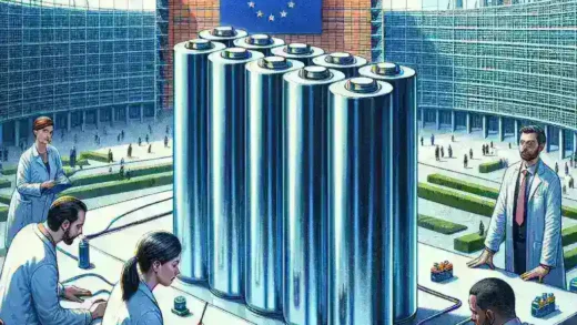 "Bruselas aprueba ayudas a España para el desarrollo de baterías de hidrógeno - Imagen que muestra una reunión de funcionarios europeos discutiendo el financiamiento para la innovación en energía sostenible en España."