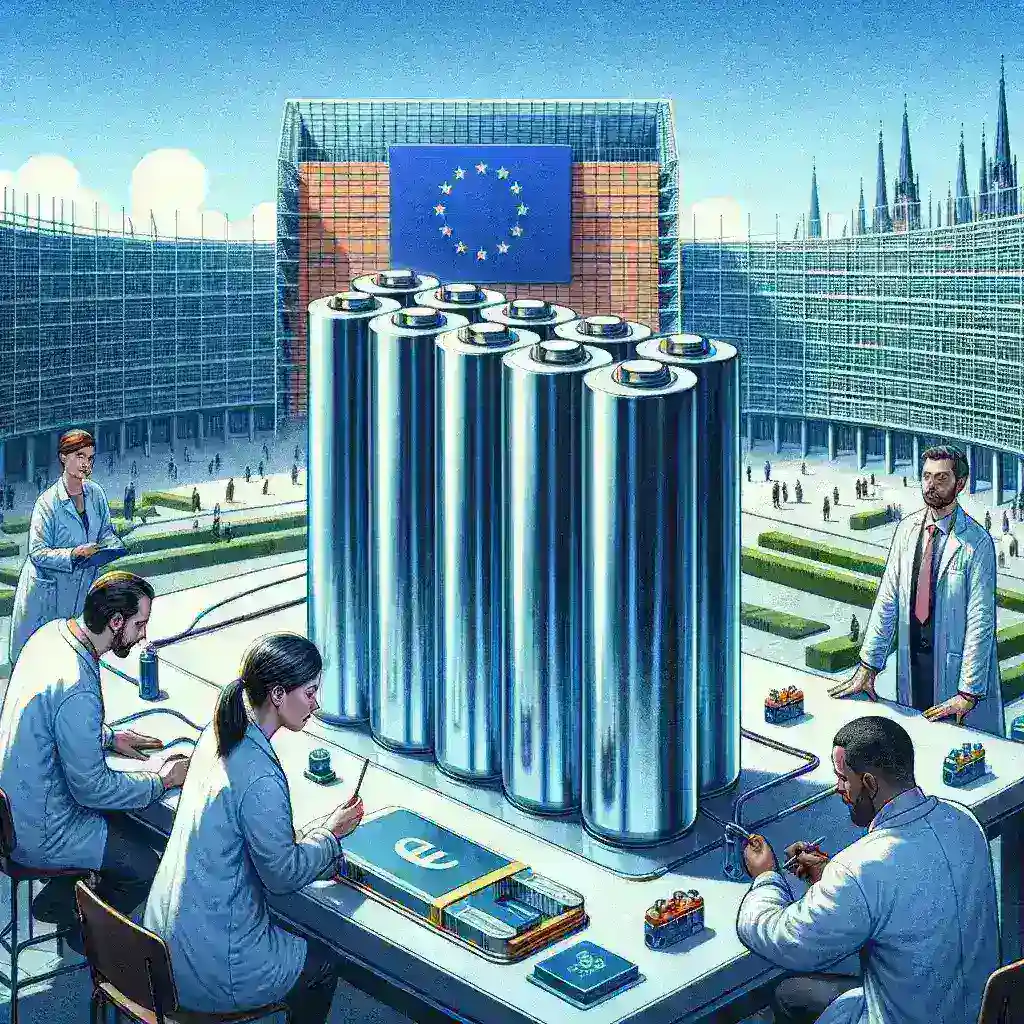 "Bruselas aprueba ayudas a España para el desarrollo de baterías de hidrógeno - Imagen que muestra una reunión de funcionarios europeos discutiendo el financiamiento para la innovación en energía sostenible en España."