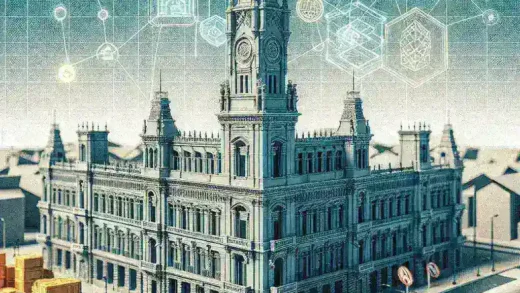 "Representación visual de un ayuntamiento español utilizando tecnología blockchain para digitalizar gestiones de licencias de obra, simbolizando innovación y transparencia en procesos administrativos."