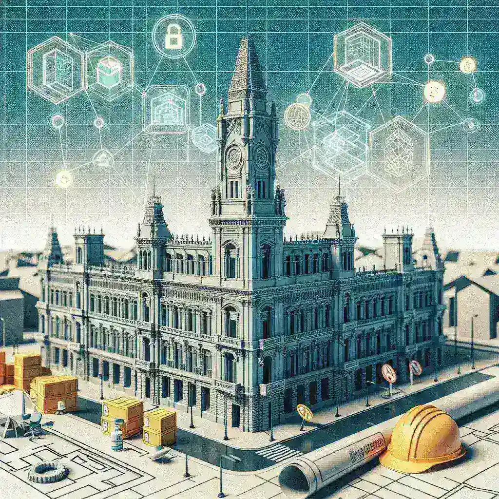 "Representación visual de un ayuntamiento español utilizando tecnología blockchain para digitalizar gestiones de licencias de obra, simbolizando innovación y transparencia en procesos administrativos."