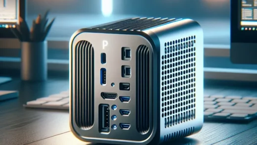 "Diagrama de conexiones de Mini PC Minix Elite mostrando compatibilidad con múltiples pantallas a través de Thunderbolt 4 en un entorno de trabajo moderno."