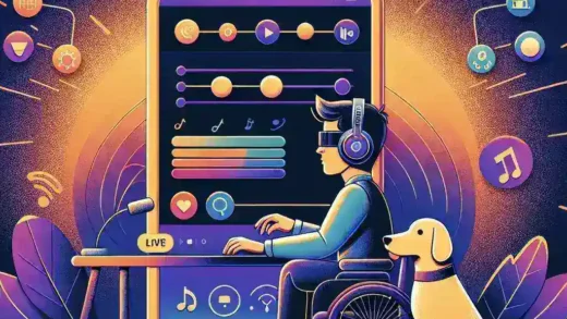 "Persona con discapacidad visual utilizando funciones de accesibilidad en Twitch, resaltando herramientas como lectores de pantalla y descripciones de audio para mejorar la experiencia de streaming."