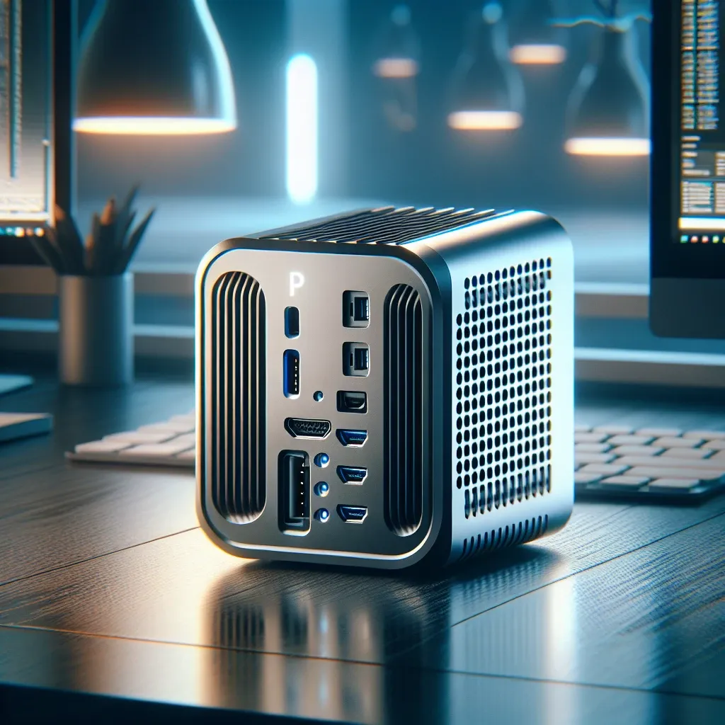"Diagrama de conexiones de Mini PC Minix Elite mostrando compatibilidad con múltiples pantallas a través de Thunderbolt 4 en un entorno de trabajo moderno."